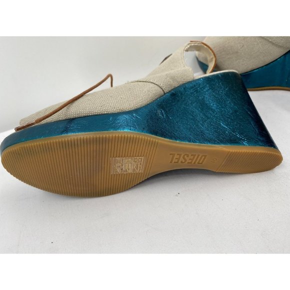 DIESEL Khaki Canvas  Peep Toe Blue Metallic Wedge Heel Shoes Women's Sz 40 (9) - Picture 10 of 12